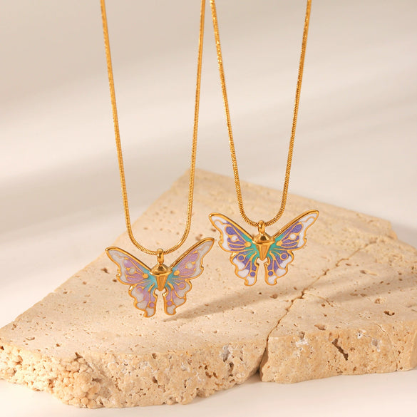 Women's Titanium Steel And Stainless Steel Enamel Butterfly Pendant Necklace With Geometric And Animal Pattern And Dripping Oil Design Snake Bone Chain