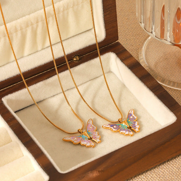 Women's Titanium Steel And Stainless Steel Enamel Butterfly Pendant Necklace With Geometric And Animal Pattern And Dripping Oil Design Snake Bone Chain