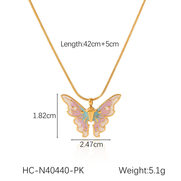 Women's Titanium Steel And Stainless Steel Enamel Butterfly Pendant Necklace With Geometric And Animal Pattern And Dripping Oil Design Snake Bone Chain