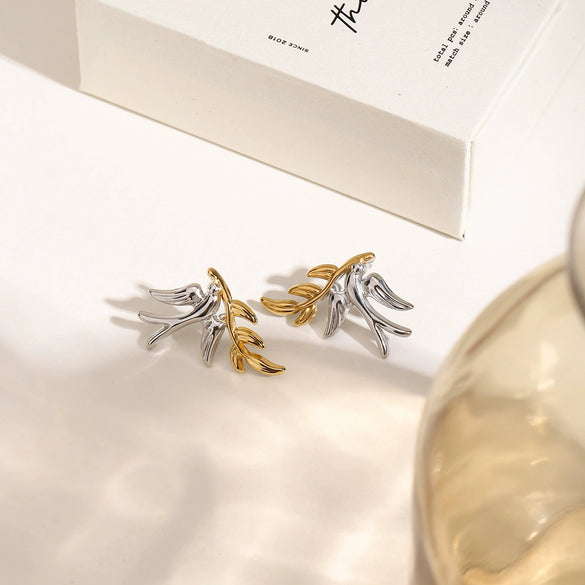 Women's Titanium Steel And Stainless Steel Geometric Style Electroplated Earrings With Gold And Silver Color Matching Peace Dove And Leaf Design
