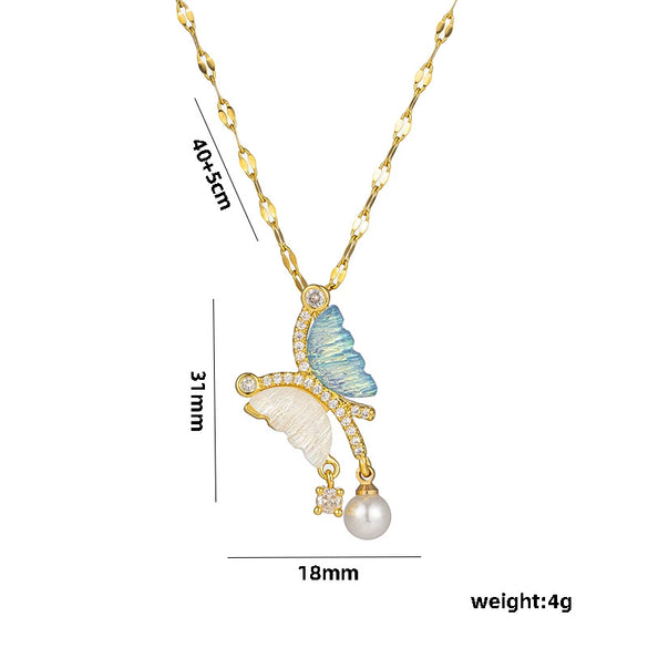 Women's Titanium Steel Asymmetric Butterfly Pearl Necklace With Electroplating Water Wave Chain Light Luxury Ins Cold Style Niche Fashion Simple Clavicle Chain