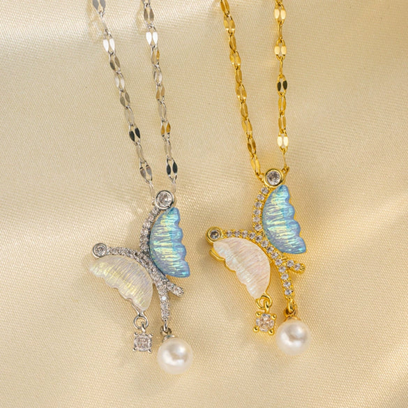 Women's Titanium Steel Asymmetric Butterfly Pearl Necklace With Electroplating Water Wave Chain Light Luxury Ins Cold Style Niche Fashion Simple Clavicle Chain