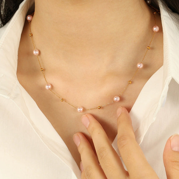 Women's 316L Stainless Steel Baby's Breath Pearl Necklace With Electroplating Fashionable Clavicle Chain