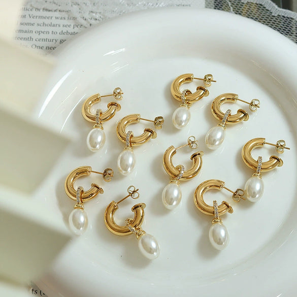 Women's 316L Stainless Steel Baroque Imitation Pearl C Shaped Geometric Electroplated Earrings