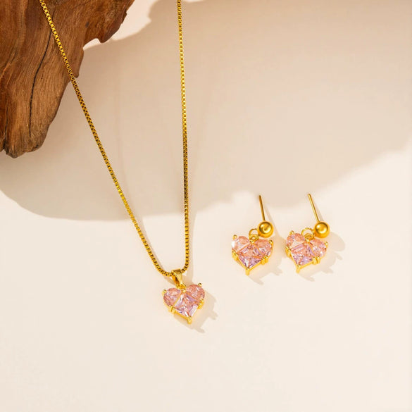 Women's Titanium Steel Box Chain Necklace With Pink Heart Pendant Copper Inlaid Zircon Electroplated Fashion Jewelry Set