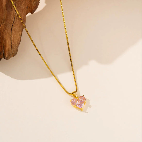 Women's Titanium Steel Box Chain Necklace With Pink Heart Pendant Copper Inlaid Zircon Electroplated Fashion Jewelry Set