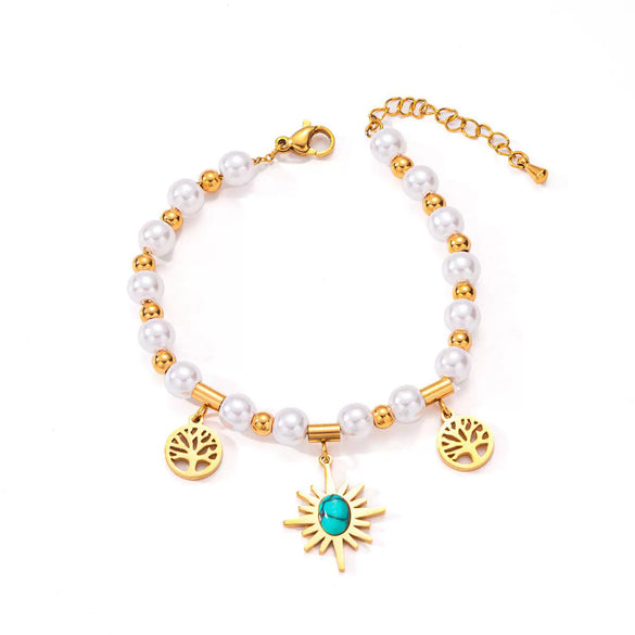 Women's Titanium Steel Bracelet 18K Goldplated With Natural Freshwater Pearl Geometric Heart Shape Flower Design