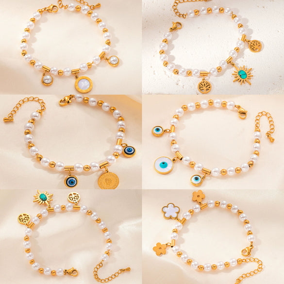Women's Titanium Steel Bracelet 18K Goldplated With Natural Freshwater Pearl Geometric Heart Shape Flower Design
