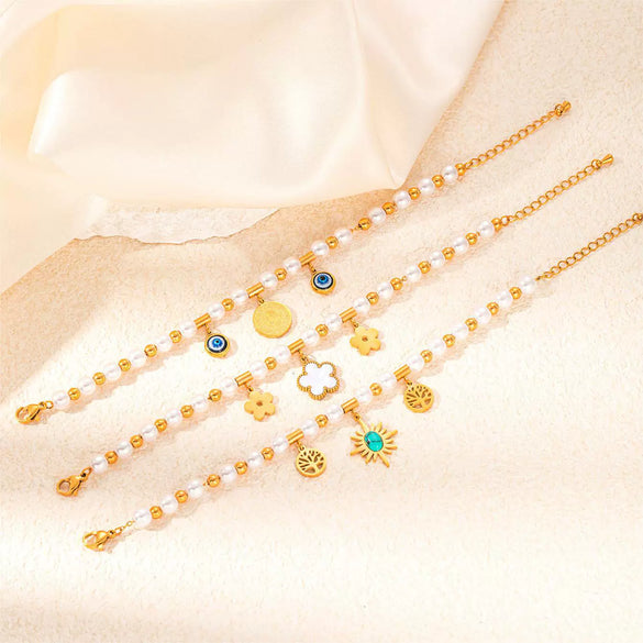 Women's Titanium Steel Bracelet 18K Goldplated With Natural Freshwater Pearl Geometric Heart Shape Flower Design