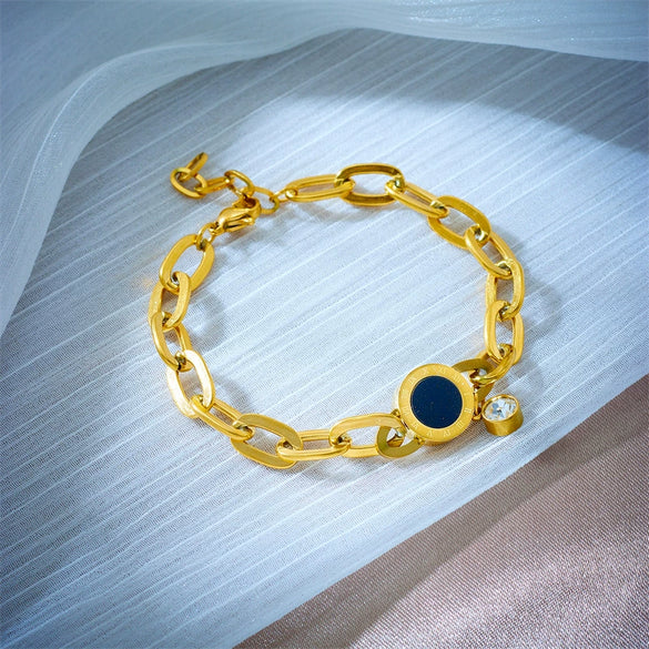Women's Titanium Steel Bracelet With Black Round Roman Numeral Round Plate Rhinestone Pendant And Electroplating Treatment