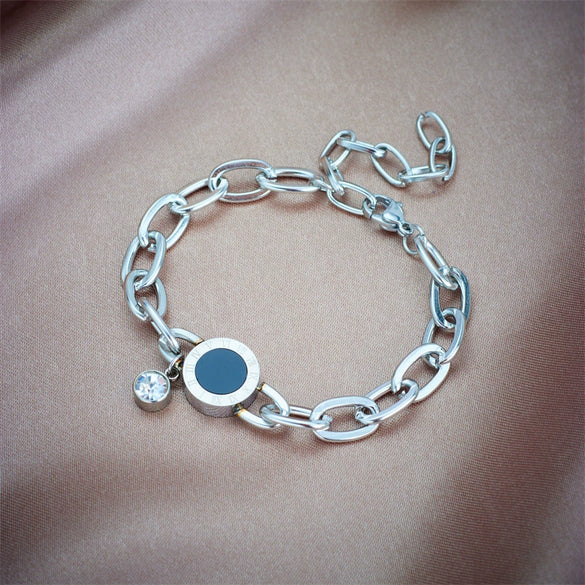 Women's Titanium Steel Bracelet With Black Round Roman Numeral Round Plate Rhinestone Pendant And Electroplating Treatment