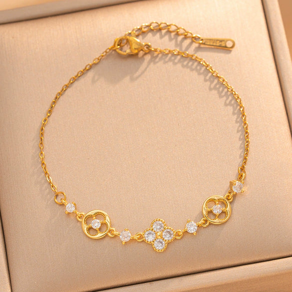 Women's Titanium Steel Bracelet With Colorful Zircon Geometric Heart Design And Real Gold Plating