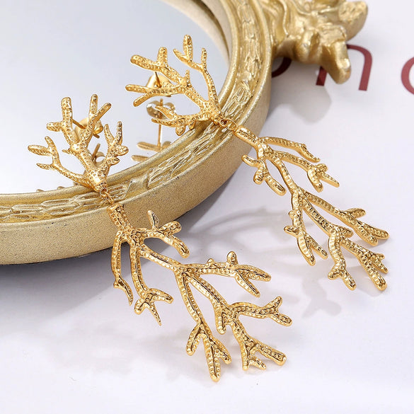 Women's 316L Stainless Steel Branchshaped Light Luxury Textured Earrings Plated With Gold