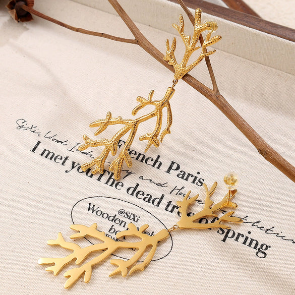 Women's 316L Stainless Steel Branchshaped Light Luxury Textured Earrings Plated With Gold