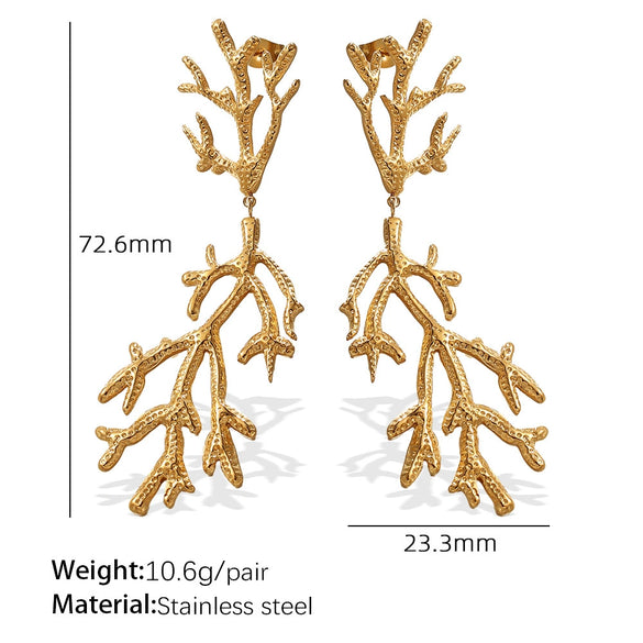 Women's 316L Stainless Steel Branchshaped Light Luxury Textured Earrings Plated With Gold
