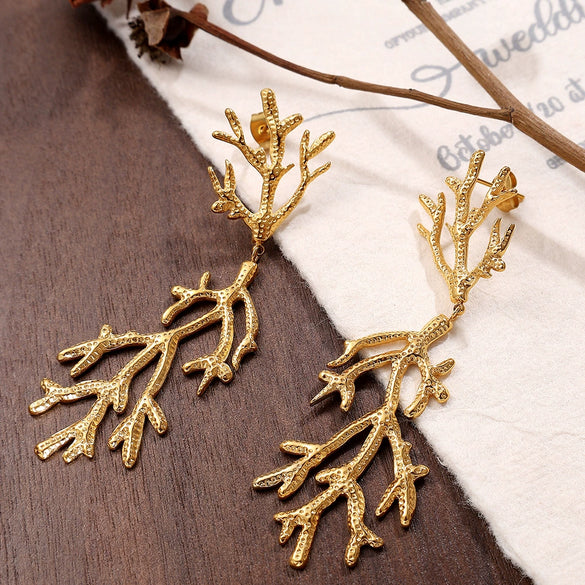 Women's 316L Stainless Steel Branchshaped Light Luxury Textured Earrings Plated With Gold
