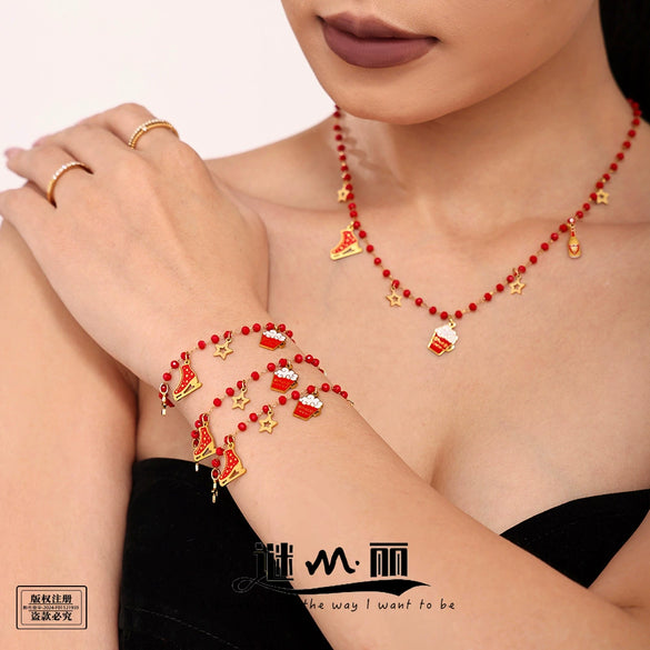 Women's Titanium Steel Christmas Hat Pendant Garnet Layered Necklace Bracelet And Earring Jewelry Set With Electroplated Finish