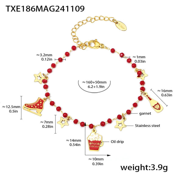 Women's Titanium Steel Christmas Hat Pendant Garnet Layered Necklace Bracelet And Earring Jewelry Set With Electroplated Finish