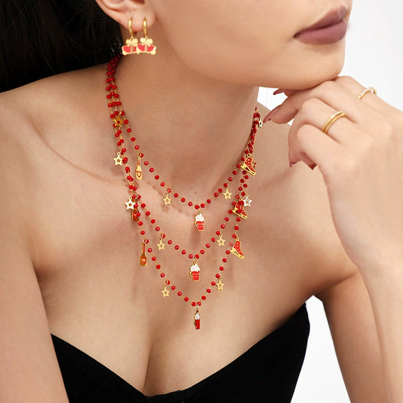Women's Titanium Steel Christmas Hat Pendant Garnet Layered Necklace Bracelet And Earring Jewelry Set With Electroplated Finish