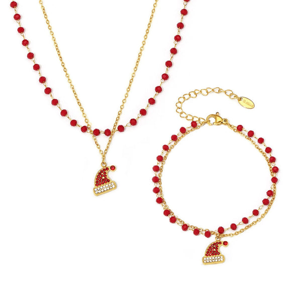 Women's Titanium Steel Christmas Hat Pendant Garnet Layered Necklace Bracelet And Earring Jewelry Set With Electroplated Finish