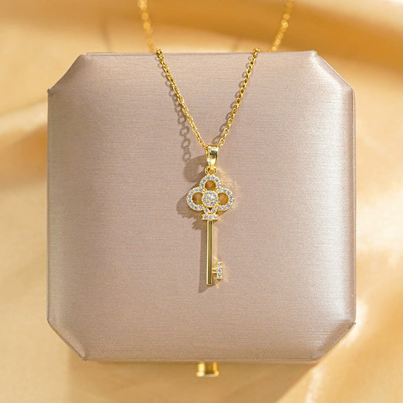 Women's Titanium Steel Clover Key Pendant Necklace With Mixed Gem Inlay And Geometric Pattern And Diamond Design