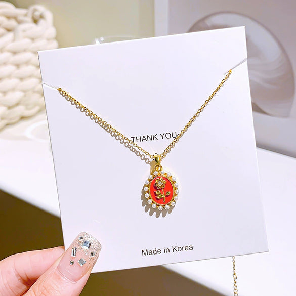 Women's Titanium Steel Copper Geometric Pattern Set With Diamonds Oildrip Rose Pearl Necklace