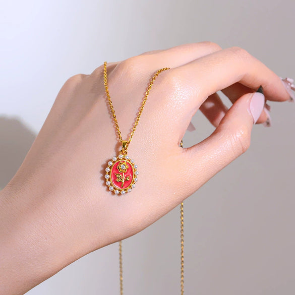 Women's Titanium Steel Copper Geometric Pattern Set With Diamonds Oildrip Rose Pearl Necklace