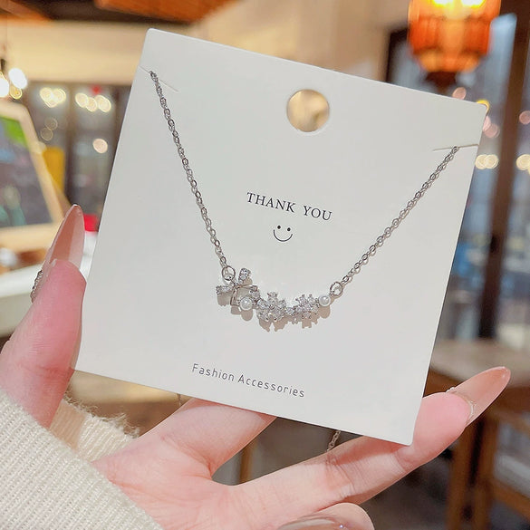 Women's Titanium Steel Cross Chain Light Luxury Style Bow Zircon Mixed Gemstone Setting Pendant Necklace