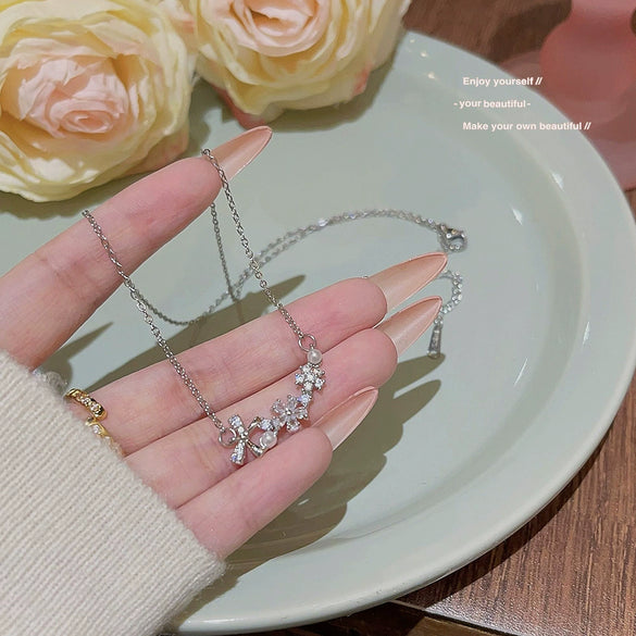 Women's Titanium Steel Cross Chain Light Luxury Style Bow Zircon Mixed Gemstone Setting Pendant Necklace