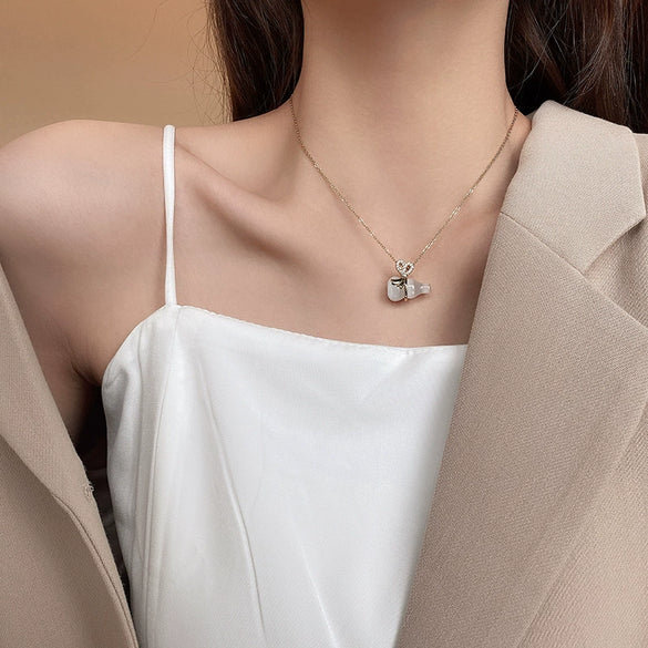 Women's Titanium Steel Cross Chain Necklace With Bowknot And Small Gourd Shape And Mixed Gem Inlay And Diamond Design