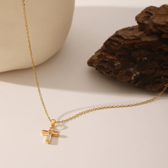 Women's Titanium Steel Cross Pendant Necklace With Geometric Design And Vacuum Electroplating Inlay O Word Chain