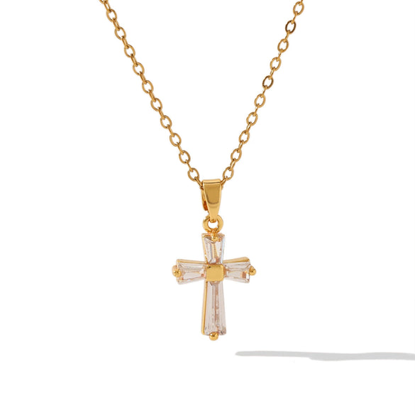 Women's Titanium Steel Cross Pendant Necklace With Geometric Design And Vacuum Electroplating Inlay O Word Chain