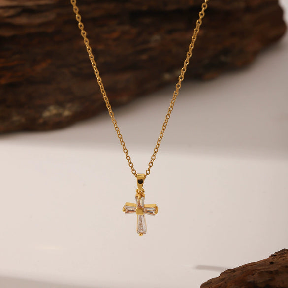 Women's Titanium Steel Cross Pendant Necklace With Geometric Design And Vacuum Electroplating Inlay O Word Chain