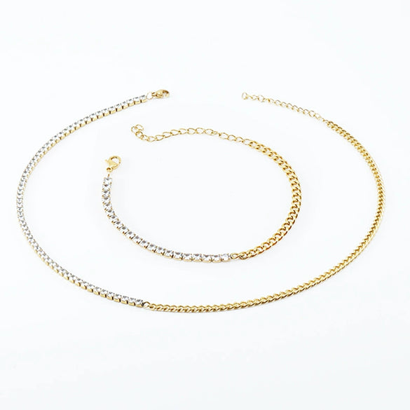 Women's 316L Stainless Steel Cuban Chain Diamond Geometric Fashion Necklace And Bracelet