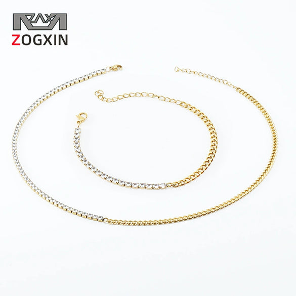 Women's 316L Stainless Steel Cuban Chain Diamond Geometric Fashion Necklace And Bracelet