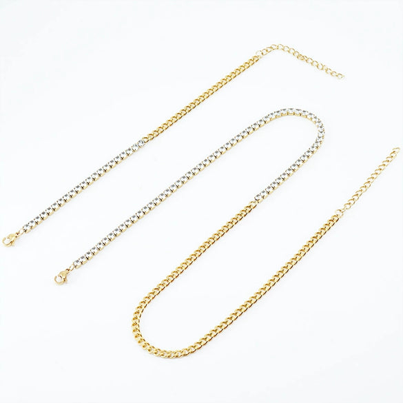 Women's 316L Stainless Steel Cuban Chain Diamond Geometric Fashion Necklace And Bracelet