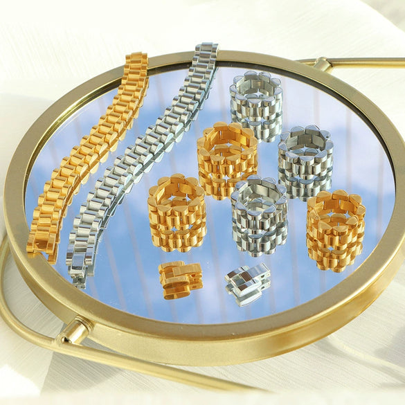 Women's 316L Stainless Steel Cuban Chain Watch Strap Chain Bracelet Ring Set With Stars Sun And Moon Clouds Universe Pattern Goldplated