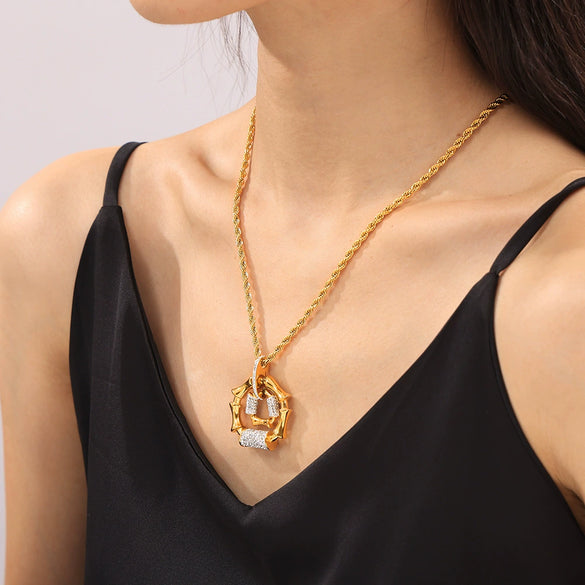 Women's Titanium Steel Diamond Pendant Twist Woven Chain Necklace Jewelry Set With Pillar Stitching And Gold Plated Electroplating