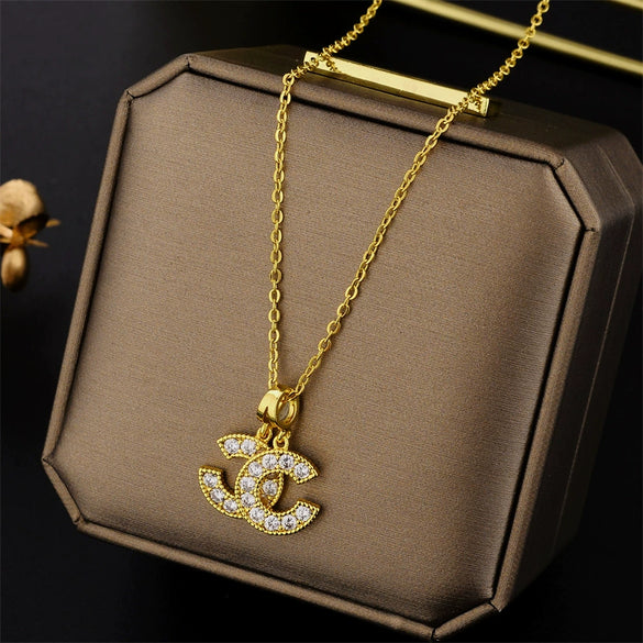 Women's Titanium Steel Double C Necklace With Gold Micro Inlay And Geometric Design