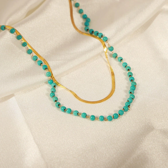 Women's Titanium Steel Double Layer Geometric Design Clavicle Necklace With Gold Inlaid Snake Bone Chain