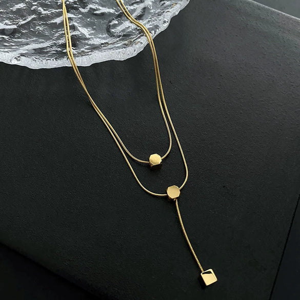 Women's Titanium Steel Double Square Hip Hop Geometric Clavicle Chain Pendant Necklace