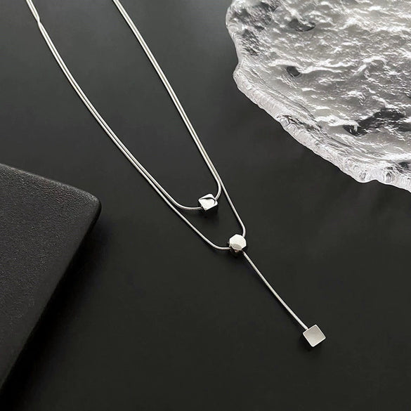 Women's Titanium Steel Double Square Hip Hop Geometric Clavicle Chain Pendant Necklace