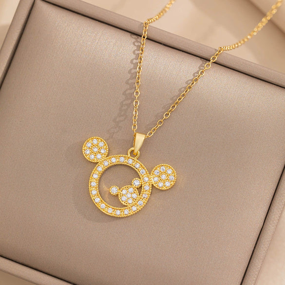 Women's Titanium Steel Doublelayer Clavicle Chain Necklace With Mouse Zircon Pendant Geometric Style Electroplated