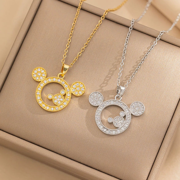 Women's Titanium Steel Doublelayer Clavicle Chain Necklace With Mouse Zircon Pendant Geometric Style Electroplated