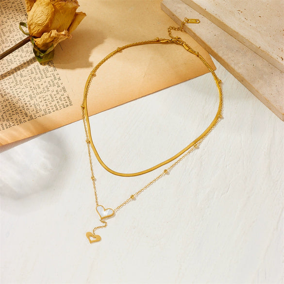 Women's Titanium Steel Doublelayer Necklace With White Shellfish And Geometric Design Box Chain Style