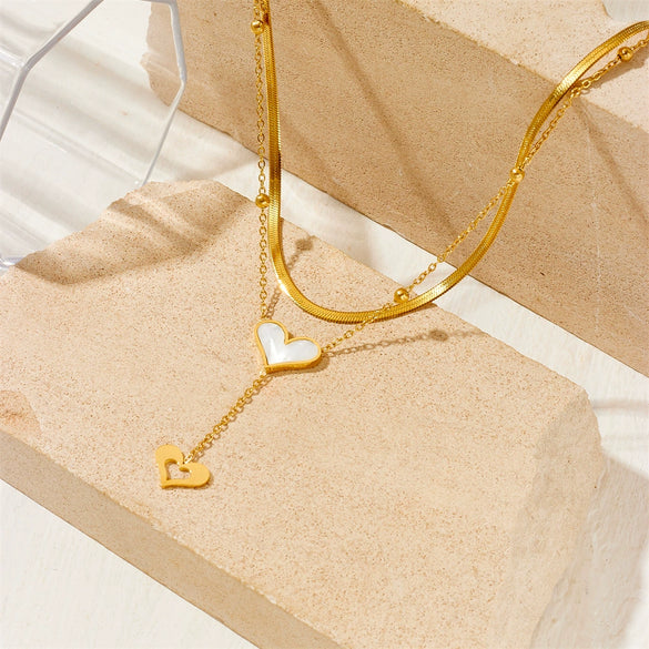 Women's Titanium Steel Doublelayer Necklace With White Shellfish And Geometric Design Box Chain Style