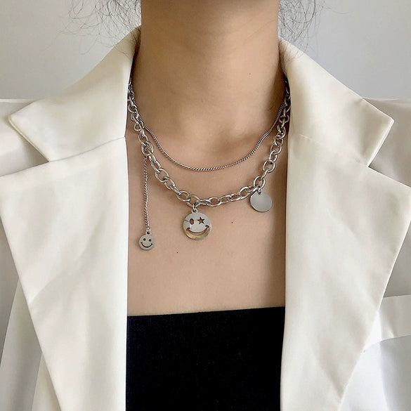 Women's Titanium Steel Doublelayer Stacked Wind Tassel Smiley Cuban Chain Necklace With Geometric Styling And Polishing