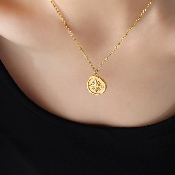 Women's Titanium Steel Electroplated Geometric Round Compass Necklace