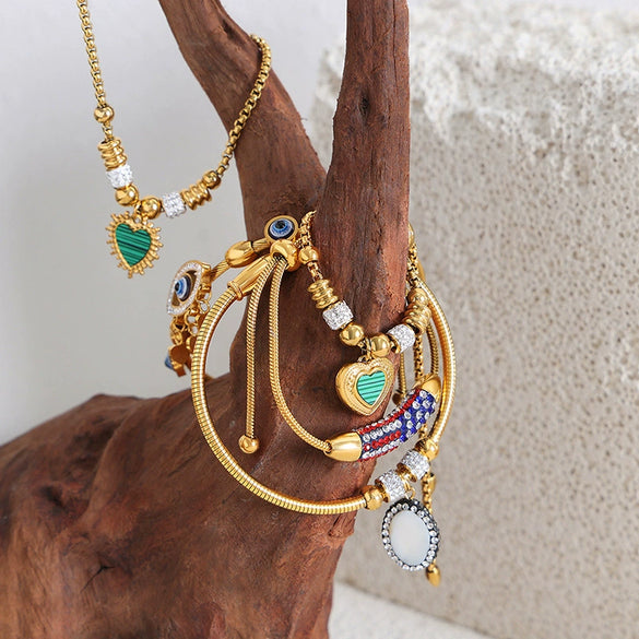 Women's 316L Stainless Steel Electroplated Heart And Geometric Pendant Bracelet New Retro Style
