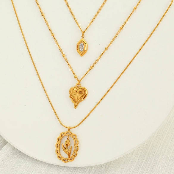 Women's 316L Stainless Steel Electroplated Oval Hollow Clavicle Chain With Coloured Glaze Heart And Flower Pendant Sweet Style
